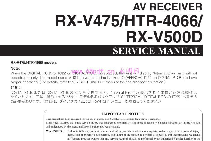 雅马哈yamaha RX-V475 HTR-4066 RX-V500D维修手册资料含电路图 图纸(英文)
